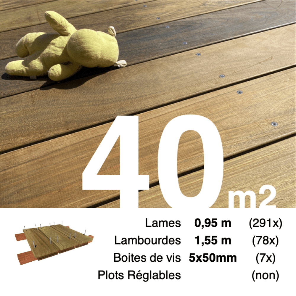 Kit terrasse bois exotique ipe pour 40 m², lames 0,95 m, lambourdes 1,55 m et visserie inox.