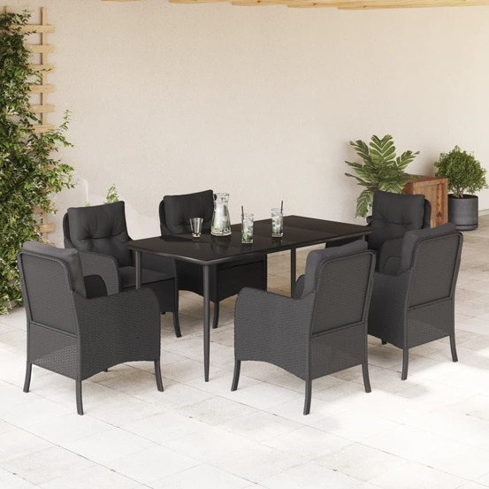 Ensemble à manger de jardin coussins 7pcs noir résine tressée