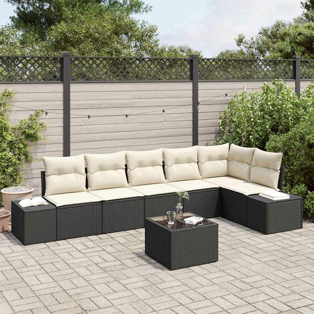 Ensemble de canapé de jardin 7 pcs noir et crème polyrotin