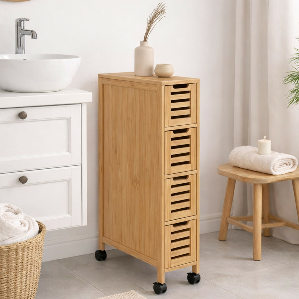 Tour de rangement 4 tiroirs bambou bea sur roulettes colonne gain de place