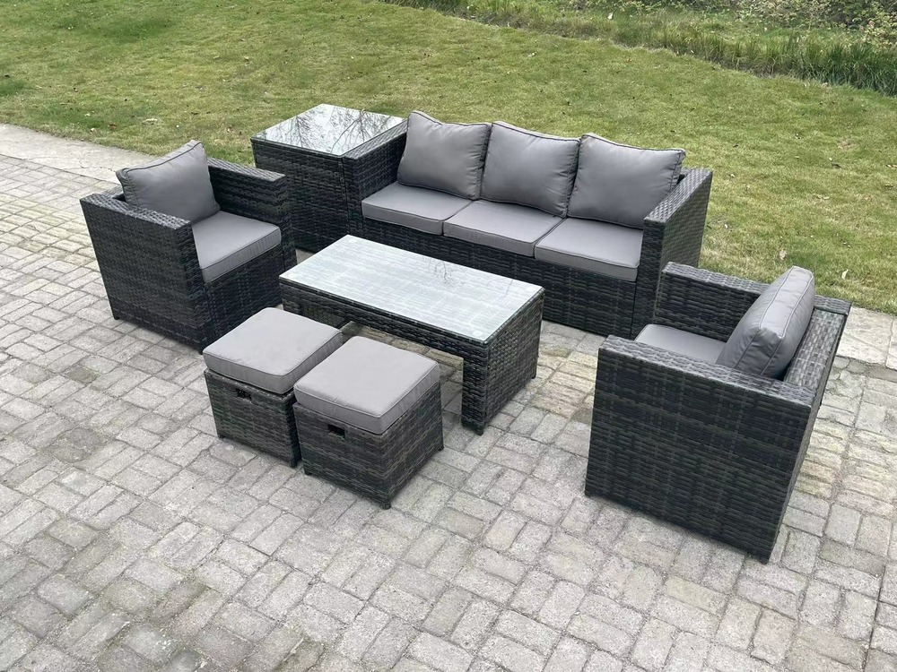 Meubles de jardin pe rotin ave canapé table basse table d'appoint 2 chaise 2 tabourets mélange gris foncé