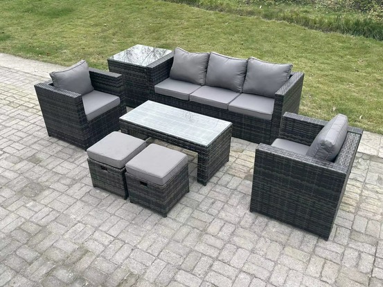 Meubles de jardin pe rotin ave canapé table basse table d'appoint 2 chaise 2 tabourets mélange gris foncé
