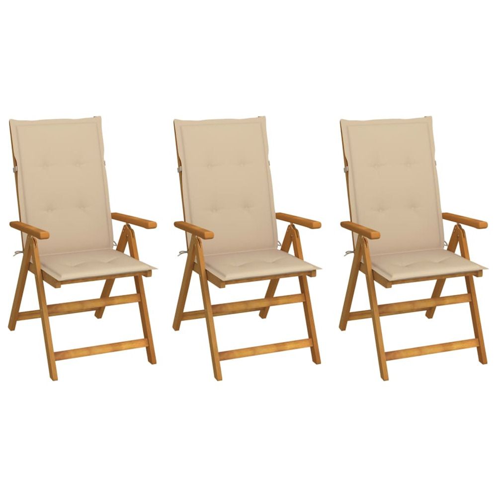 Chaises pliantes 3 pièces avec coussins en bois d'acacia massif
