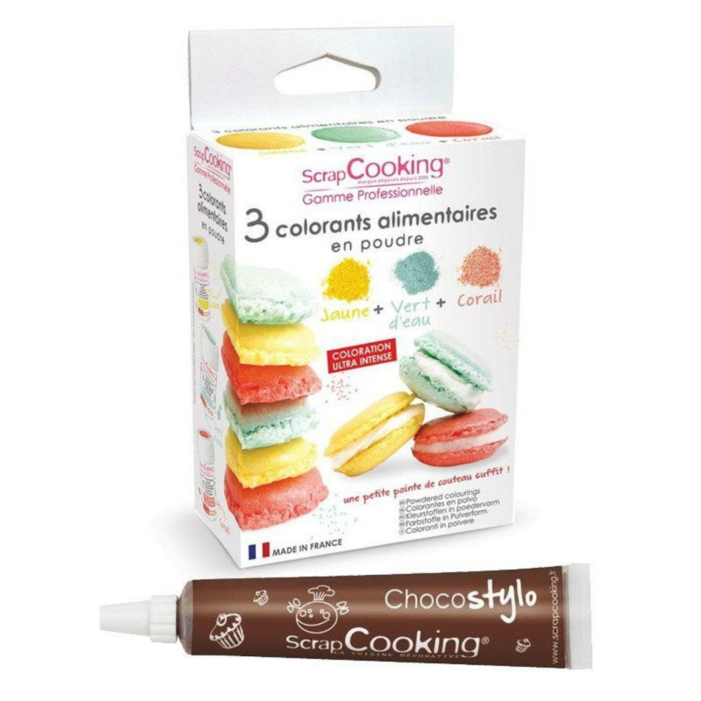 3 colorants alimentaires vert d'eau, corail, jaune + 1 stylo chocolat