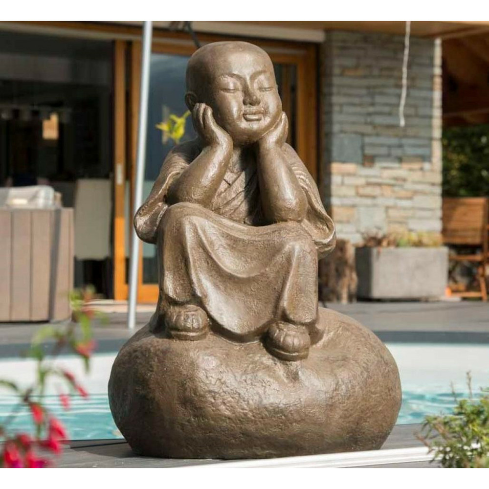 Statue moine shaolin pensif patiné brun antique 80 cm