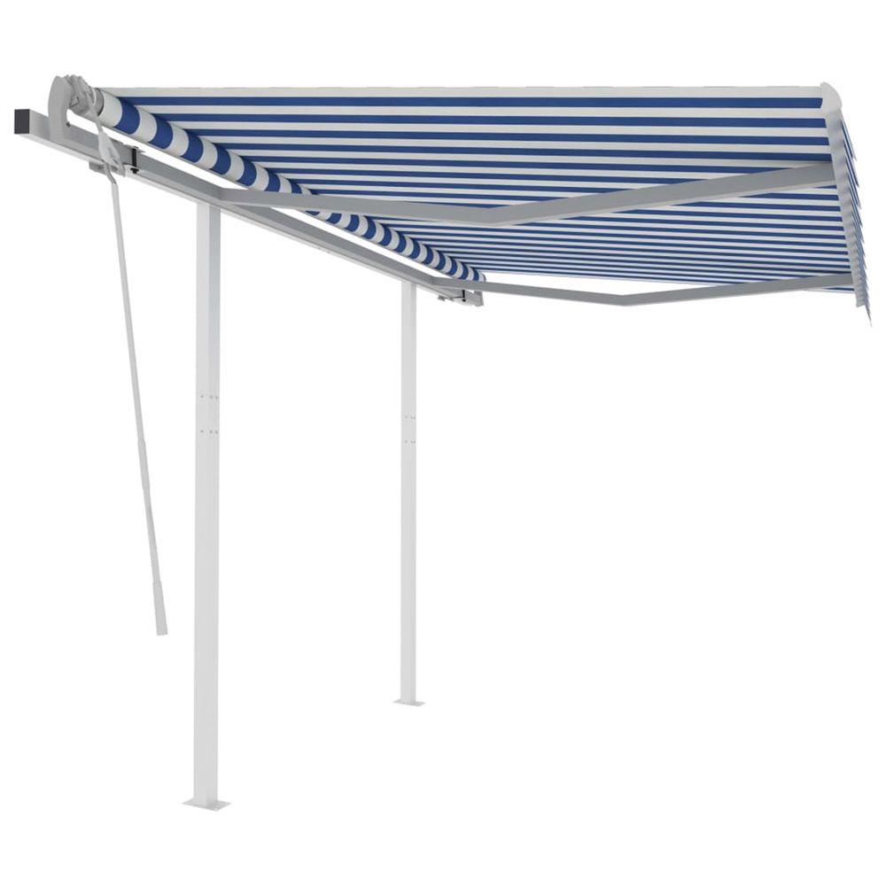 Auvent manuel rétractable avec poteaux 3,5x2,5 m bleu et blanc
