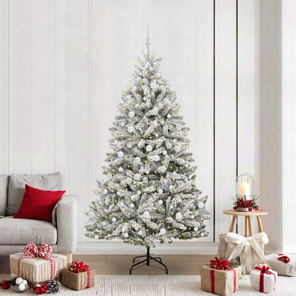 Grand sapin de noël artificiel floqué 210 cm, kit complet avec led et boules