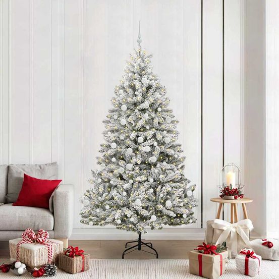 Grand sapin de noël artificiel floqué 210 cm, kit complet avec led et boules