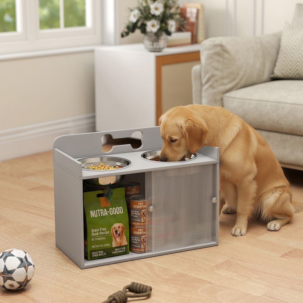 Station repas chien surélevée mdf gris 2 gamelles inox 2,1 l avec rangement 50 l stable pour grands chiens