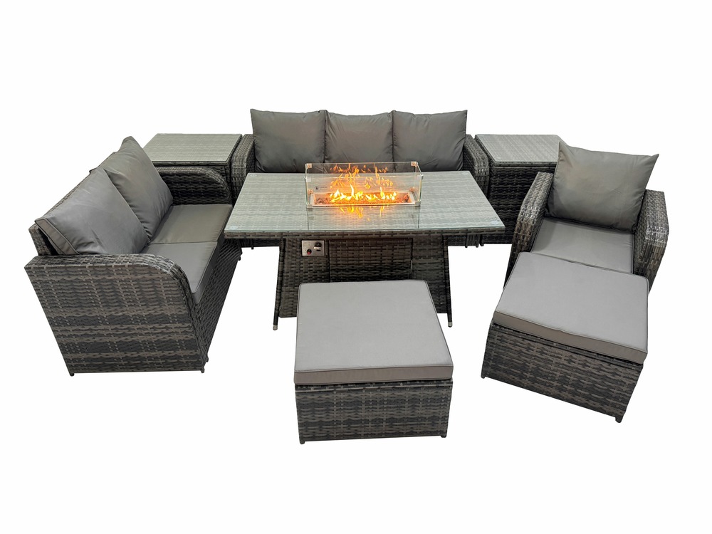 Ensemble salon de jardin extérieur en polyrotin table de foyer à gaz et canapé fauteuil avec 2 tables d'appoint 2 grand tabourets