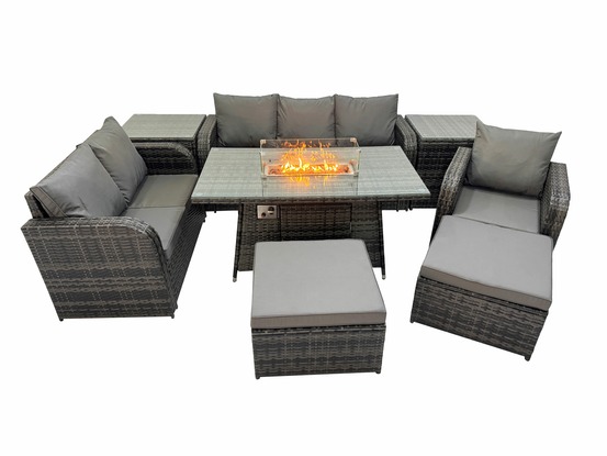 Ensemble salon de jardin extérieur en polyrotin table de foyer à gaz et canapé fauteuil avec 2 tables d'appoint 2 grand tabourets