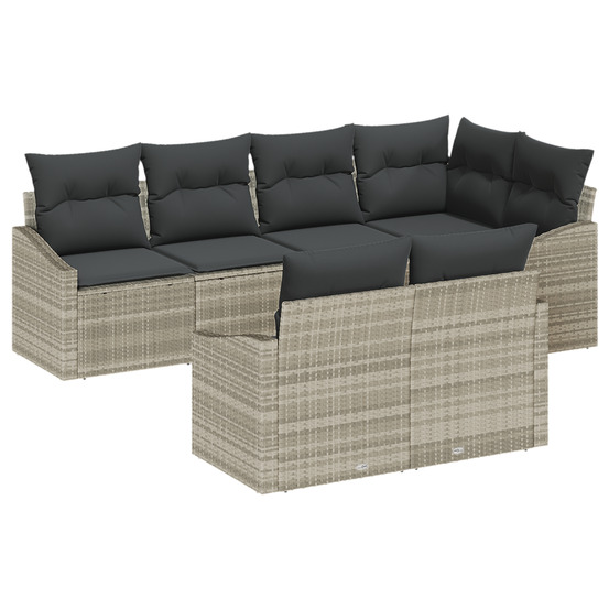 Ensemble jardin 7 pièces avec coussins gris clair en poly rattan