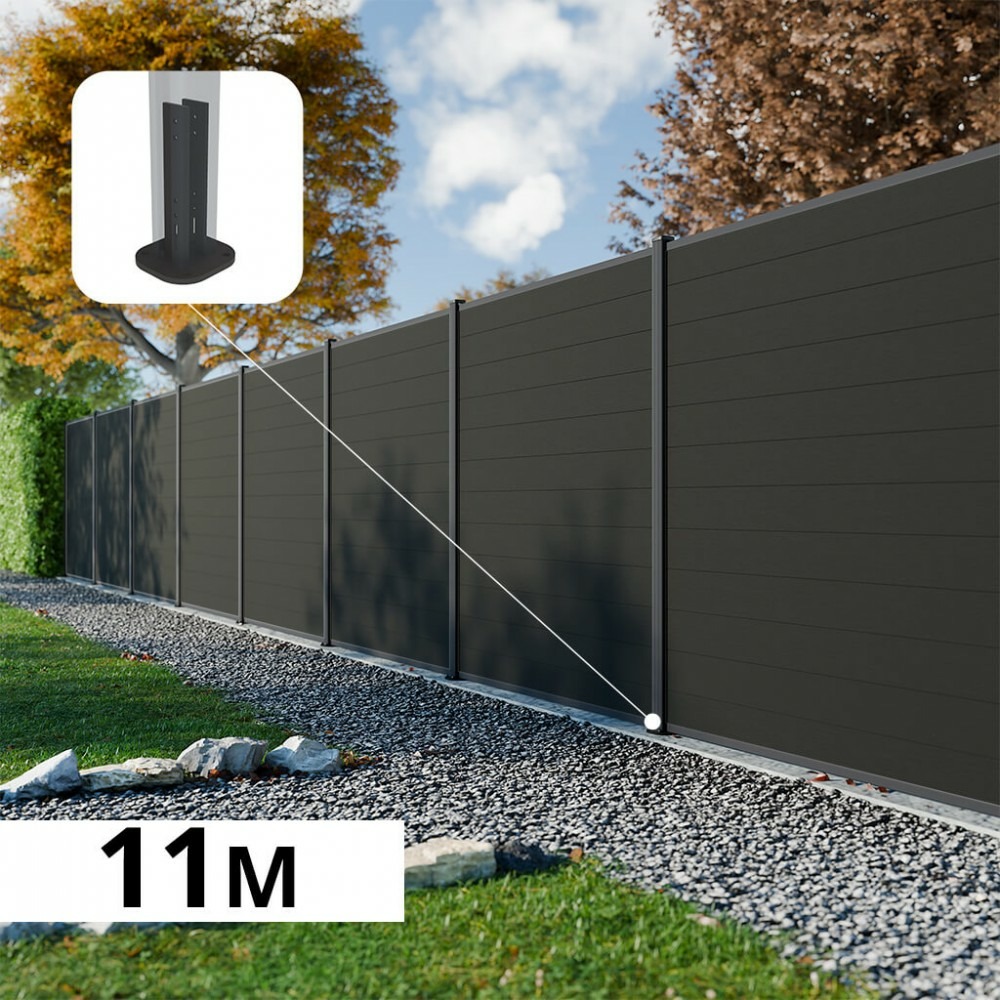 Kit clôture composite rio anthracite 11x1,8m - bois composite & aluminium - poteaux sur platines gris - brise vue - palissade