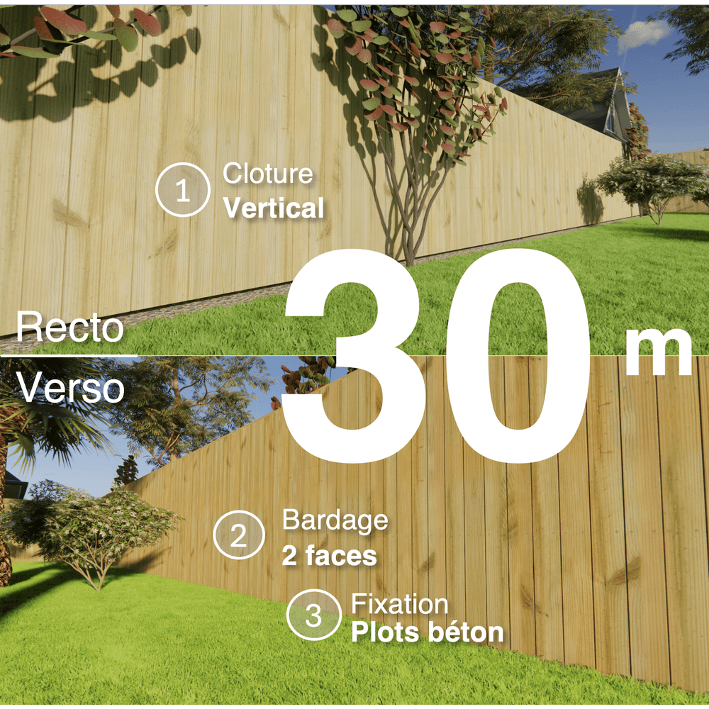 Kit clôture bois moderne 30m – h 1,9m – 21 x 130 mm autoclave vert – pose vertical – double face – à sceller