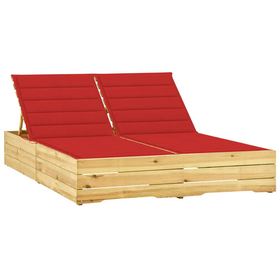 Chaise longue double et coussins rouge bois de pin imprégné bain de soleil