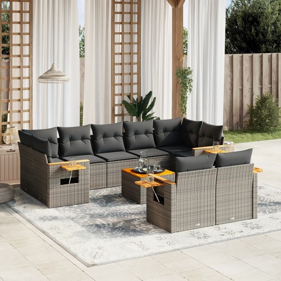 Salon de jardin avec coussins 10 pcs gris résine tressée
