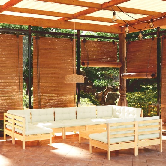 Salon de jardin 10 pcs avec coussins crème bois de pin massif