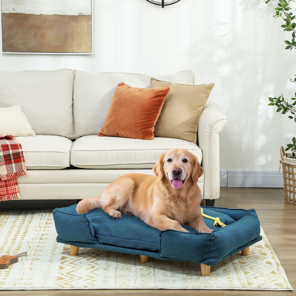 Canapé pour chien en polyester et pin 96 x 66 x 24 cm naturel et bleu foncé pour grand chien jusqu’à 30 kg surélevé