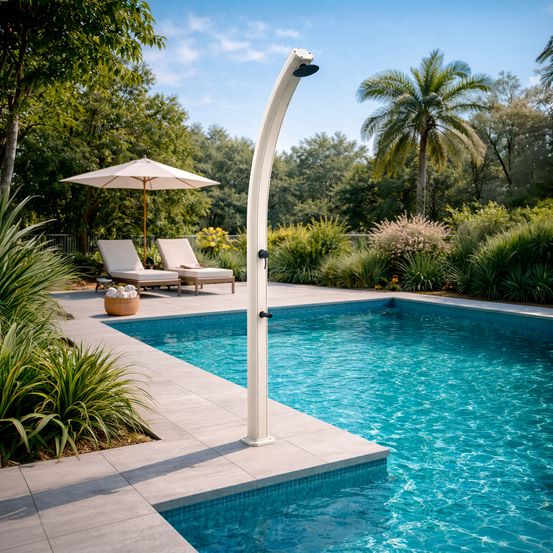Douche solaire blanche en aluminium reservoir 25 l pomme 15 cm lavepieds