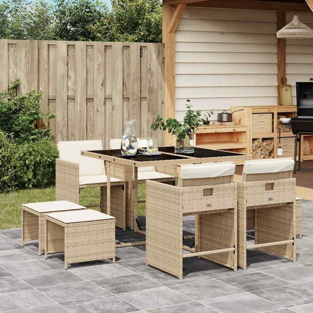 Ensemble à manger de jardin et coussins 9 pcs beige poly rotin