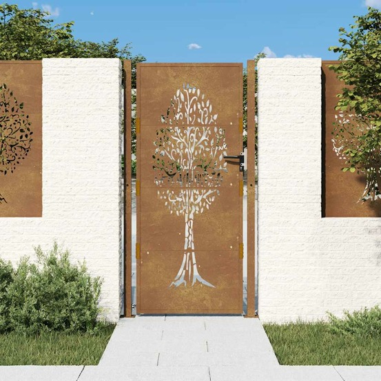 Portail de jardin 100x175 cm en acier corten avec motif arbre