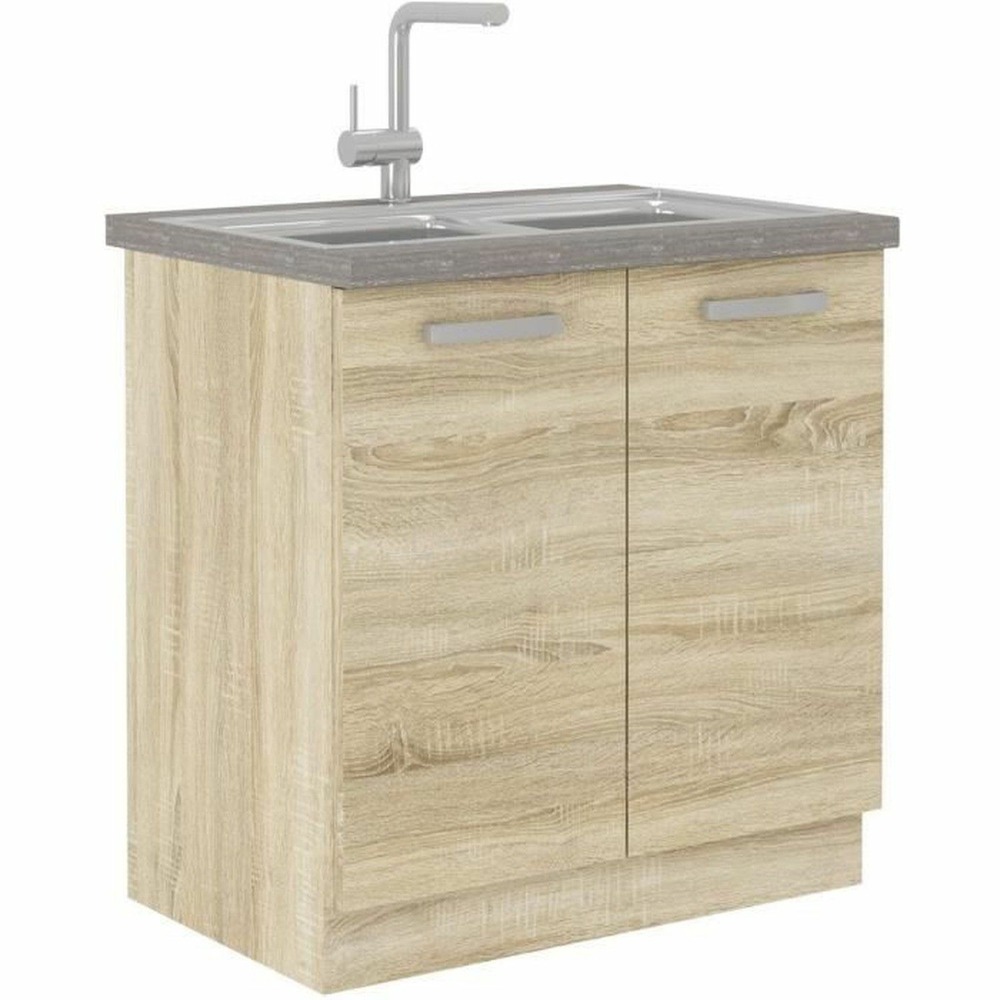 Meuble bas de cuisine sous évier 80 cm - décor chêne clair sonoma