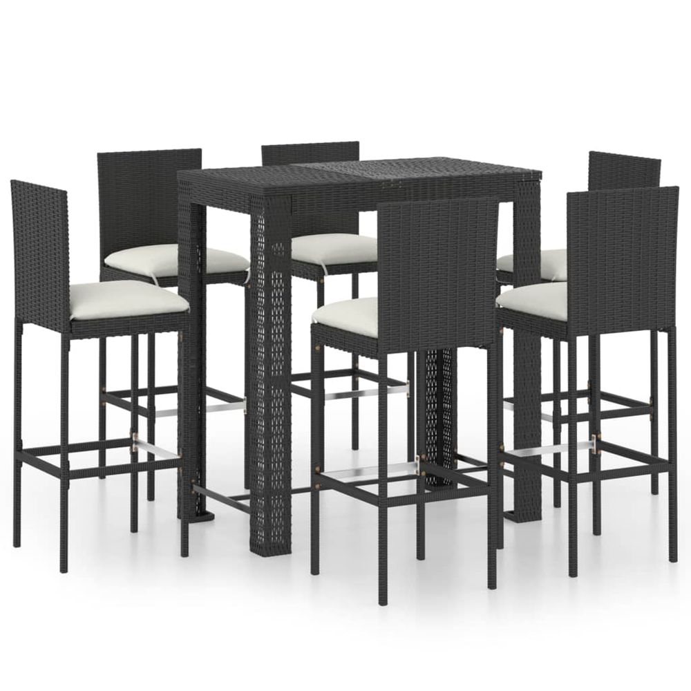Ensemble de bar d'extérieur 7 pcs coussins résine tressée noir