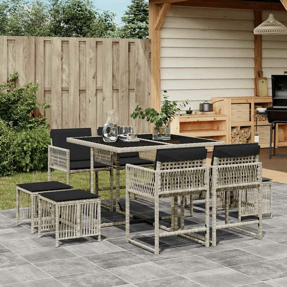 Ensemble à manger de jardin et coussins 9 pcs gris clair rotin