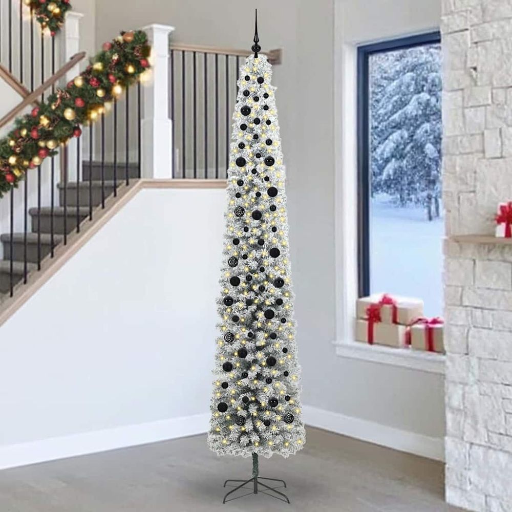 Grand sapin de noël artificiel conique 270 cm, design slim avec 300 led et 120 boules, kit complet usb