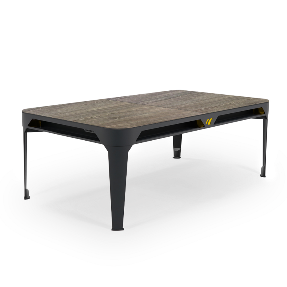 Billard d'extérieur convertible hyphen outdoor noir / tapis gris foncé / réceptacles : moutarde / plateaux : décor bois
