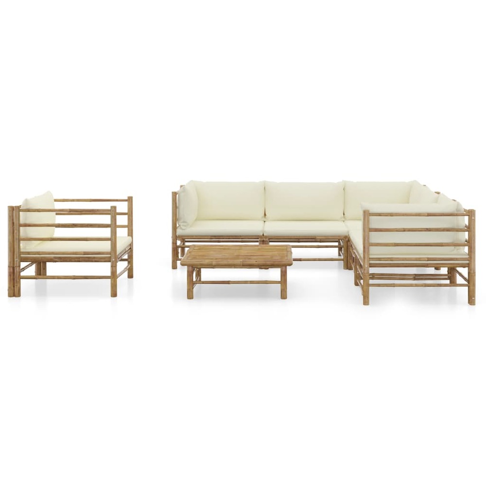 Salon de jardin 7 pcs avec coussins blanc crème bambou