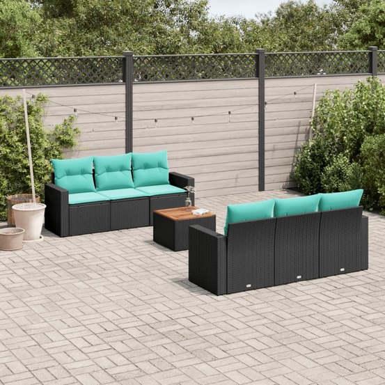 Salon de jardin 7 pcs avec coussins noir résine tressée