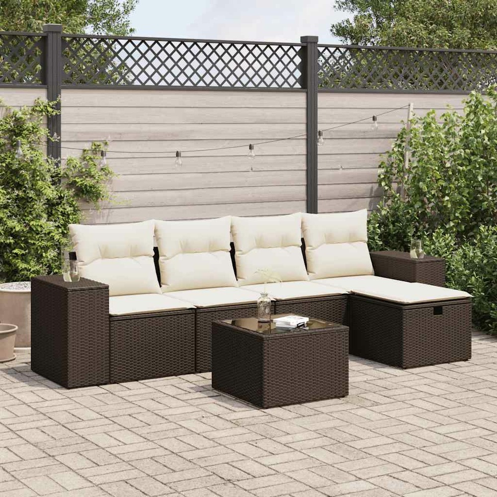 Salon de jardin avec coussins 6 pcs marron résine tressée