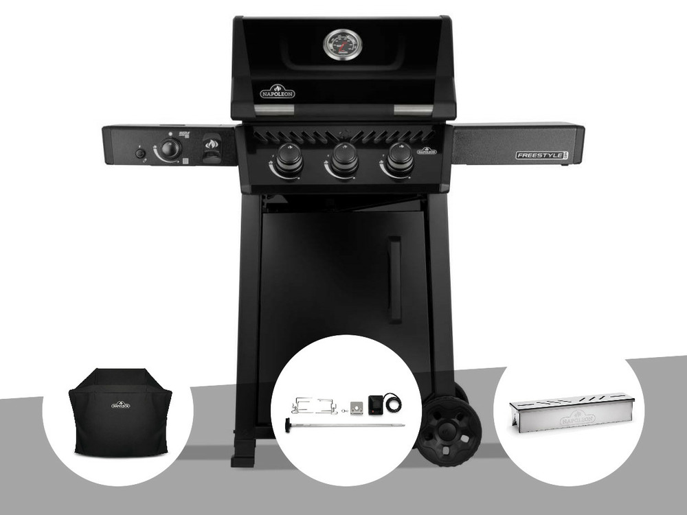 Barbecue gaz freestyle 365 noir pro 3 brûleurs + 1 bruleur sizzle zone + housse