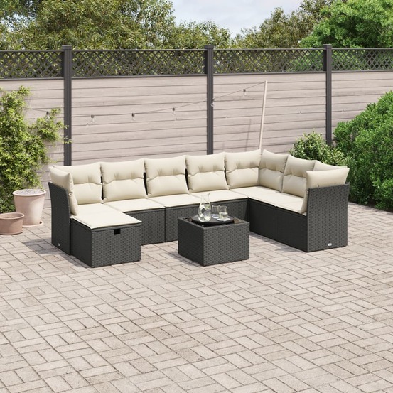 Salon de jardin 9 pcs avec coussins noir résine tressée