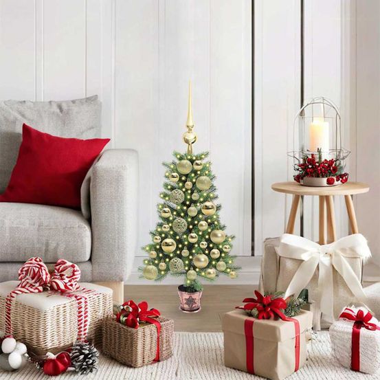 Petit sapin de noël lumineux 65 cm en pe, ambiance fêtes avec 150 led et kit 61 boules