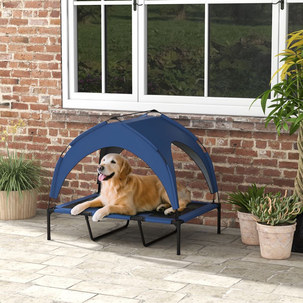Lit surélevé pour chien oxford 106 x 76 x 94 cm bleu foncé extérieur avec toit protecteur et maille respirante