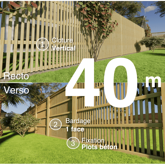 Kit clôture bois moderne 40m – h 2,3m – 45 x 45 mm autoclave – pose vertical – simple face – à sceller