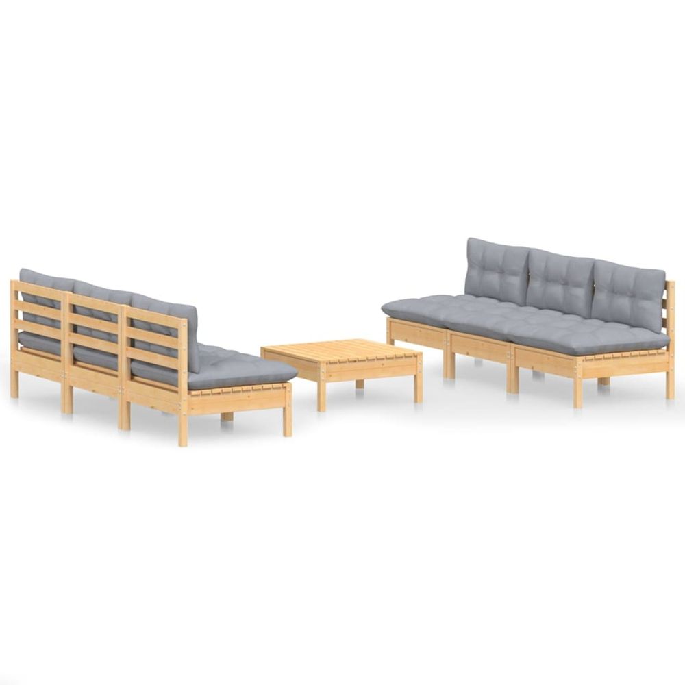 Salon de jardin 7 pcs avec coussins gris bois de pin