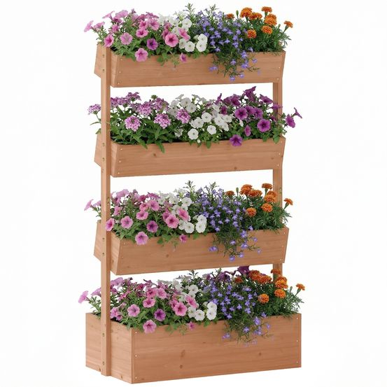 Jardinière verticale bois sapin balcon 4 niveaux inclinés géotextile marron