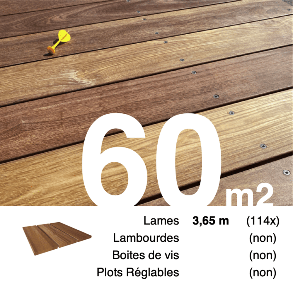 Planches de terrasse bois exotique cumaru pour 60 m², longueur 3,65 m.