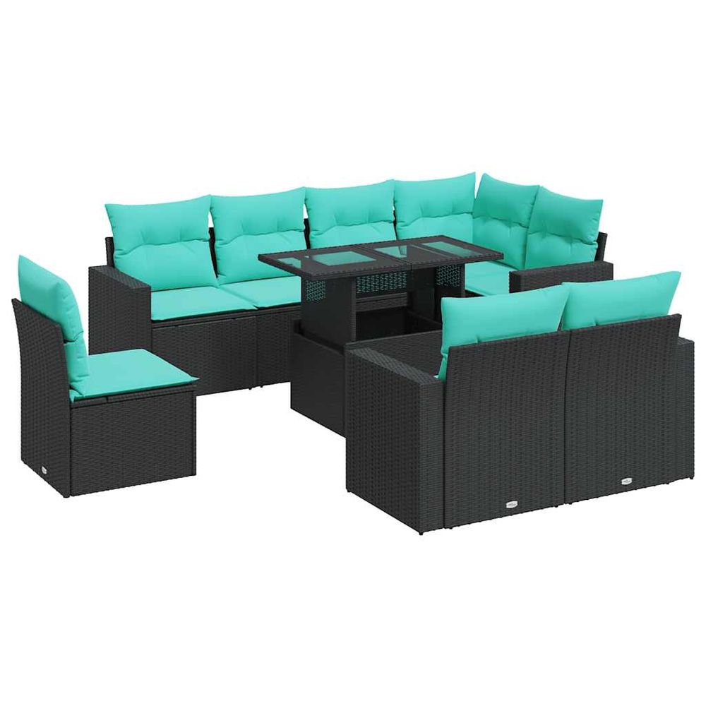 Salon de jardin avec coussins 9 pcs noir résine tressée acacia