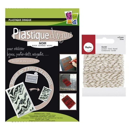 Plastique fou 7 feuilles noir + ficelle dorée & blanche 15 m