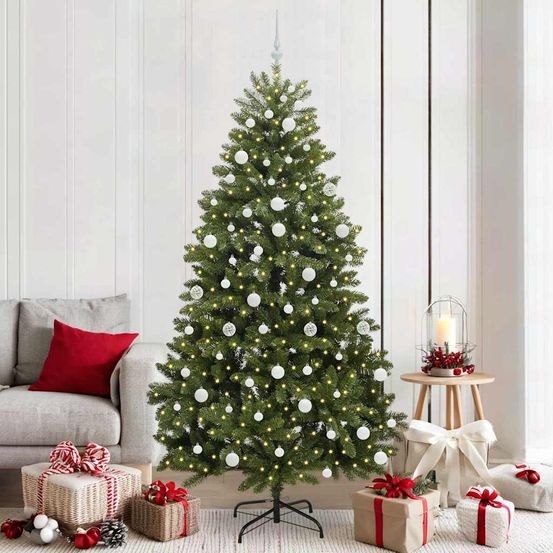Sapin de noël intérieur/extérieur 210 cm vert, avec guirlande lumineuse et 120 boules