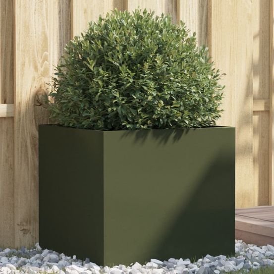 Grande jardinière acier vert olive pour décoration jardin moderne 49cm