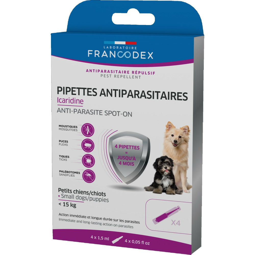 4 pipettes antiparasitaires icaridine pour chiot et petit chien