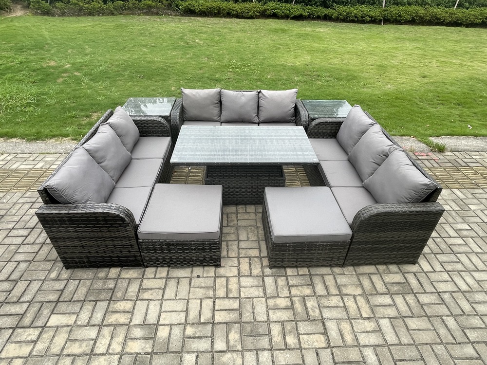 Mobilier à dîner de jardin ave table à manger réglable en hauteur 3 canapé 2 table d'appoint 2 grand tabourets