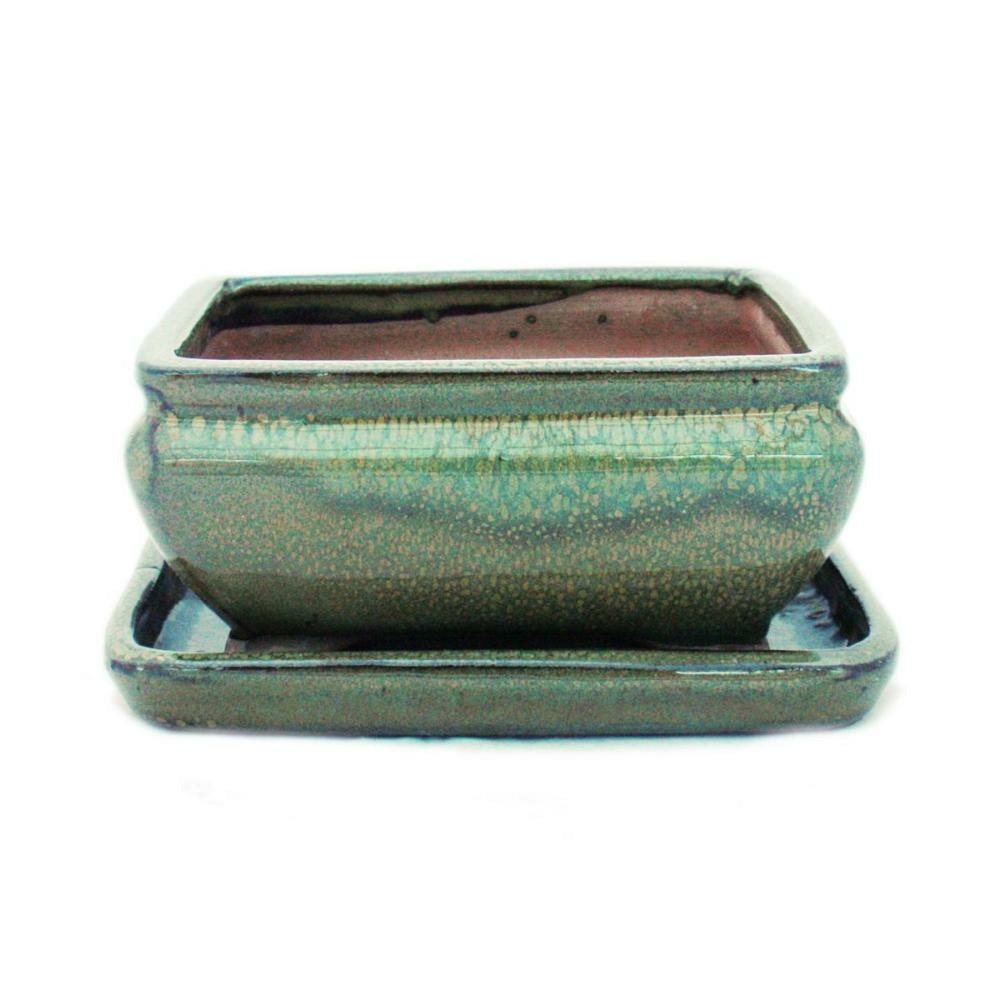 Bol bonsaï avec soucoupe taille 2 - vert - angulaire - modèle g81 - l 14,5cm - b 11,3cm - h 6,6cm