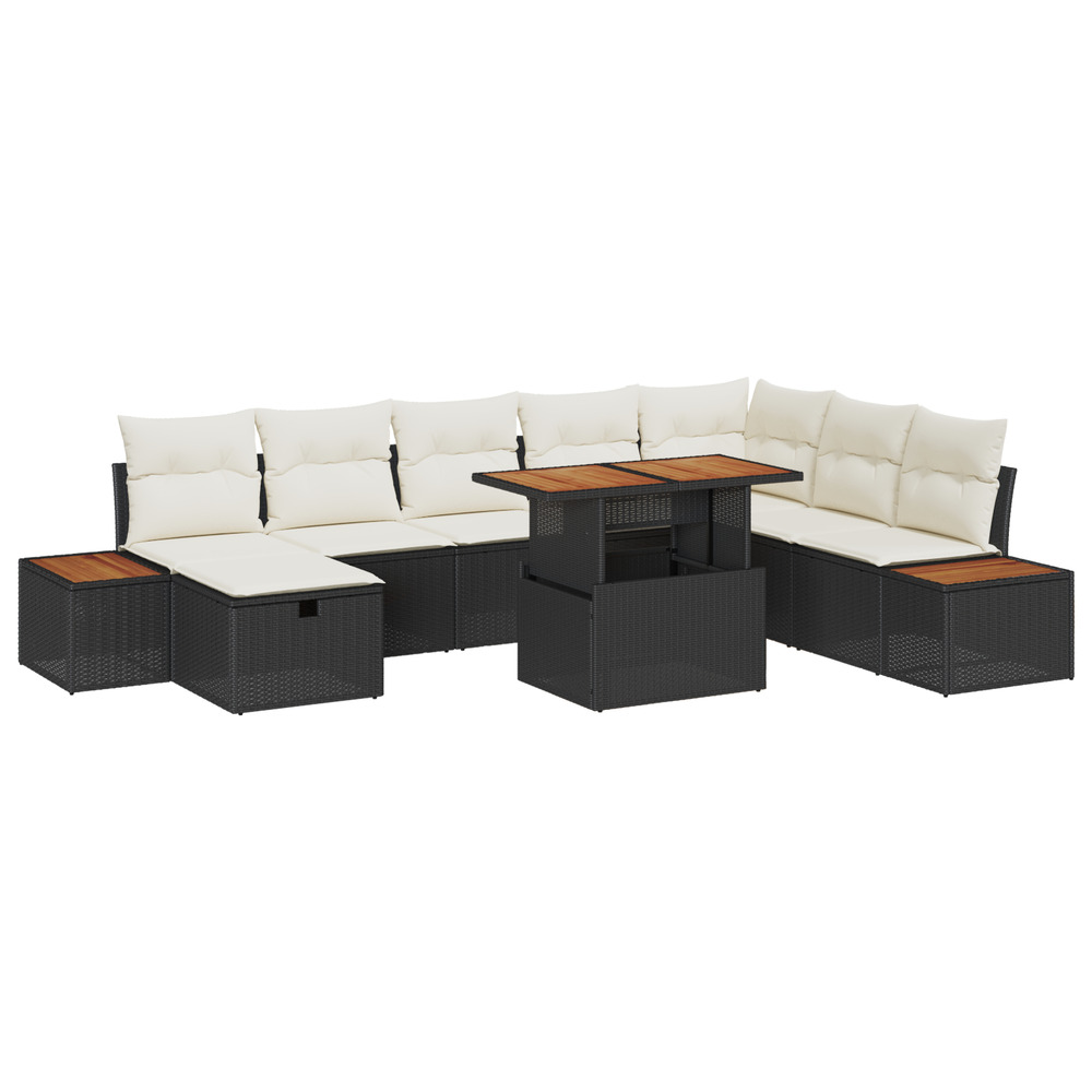 Ensemble de sofa de jardin 9 pièces avec coussins noir rattan poly
