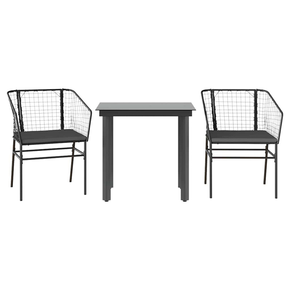 Ensemble à manger de jardin et coussins 3 pcs noir rotin verre